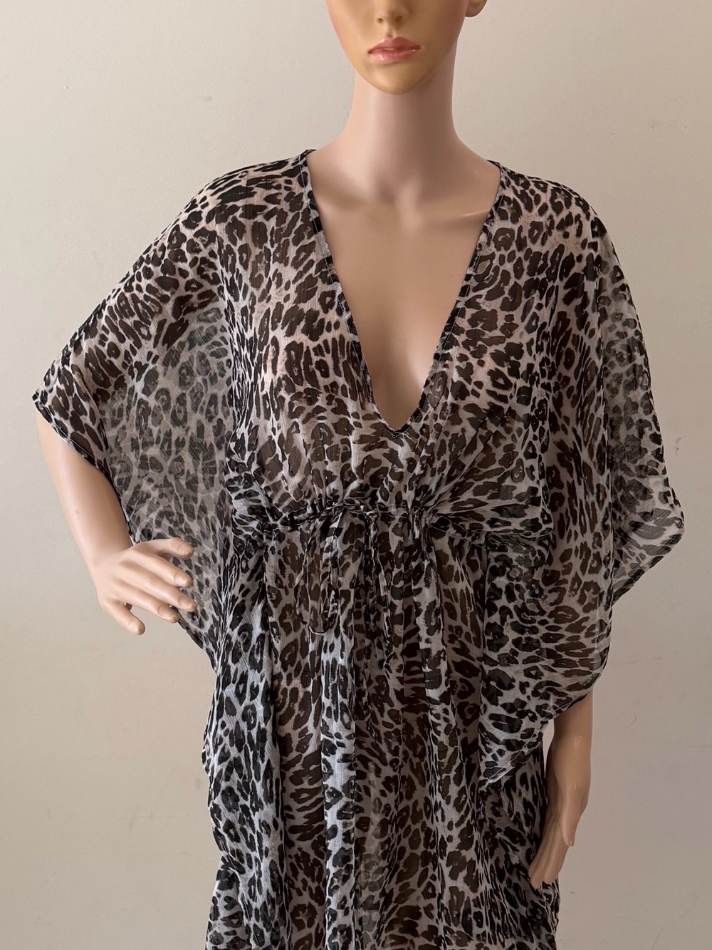 Grey Leopard Print Women’s Sheer Chiffon Beach Cover Up Mini Kaftan Dress Tunic